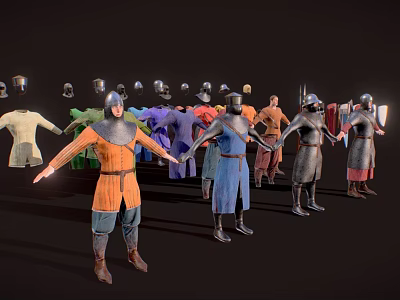 Medieval Game and Movie Characters with Various Colored Armors and Different Costume Styles 3d model