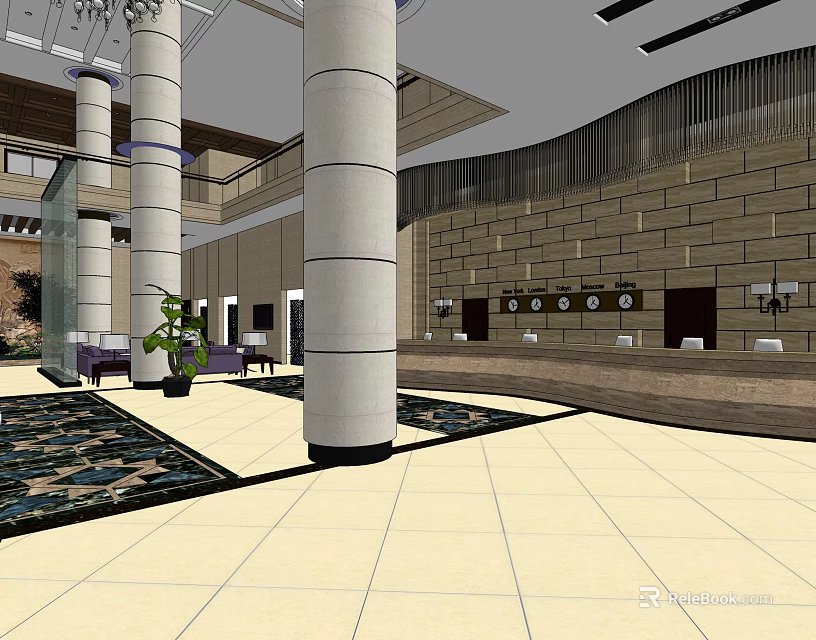 Luxurious Hotel Lobby Interior Design With Elegant Columns Front Desk and Seating Area 3d model 
