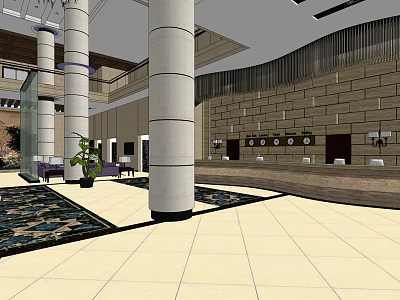 Luxurious Hotel Lobby Interior Design With Elegant Columns Front Desk and Seating Area 3d model