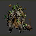 Giant Game Character Monster With Small Green Figures In Yellow Clothing Flag Bearer And Spears