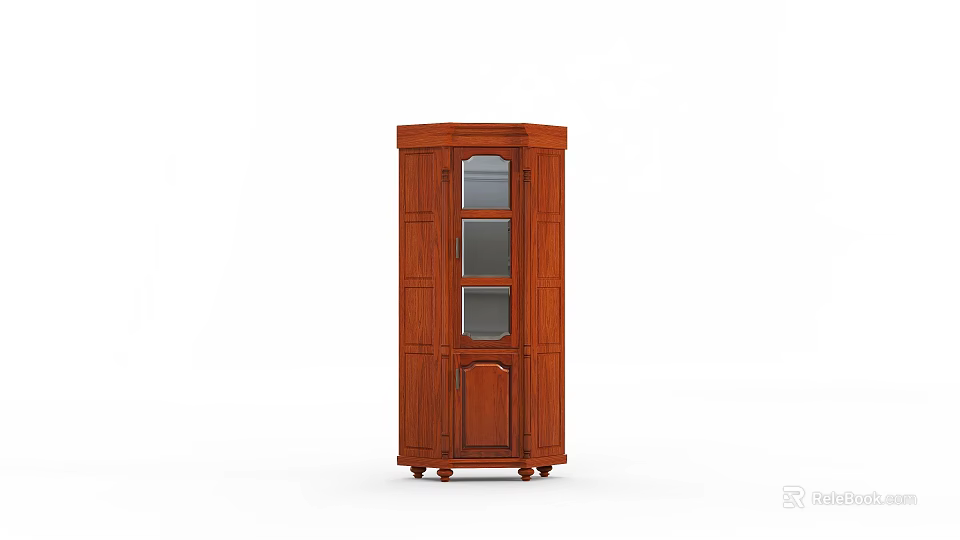 Classic Vintage Wooden Display Cabinet With Three Glass Doors And Drawers 3d model 