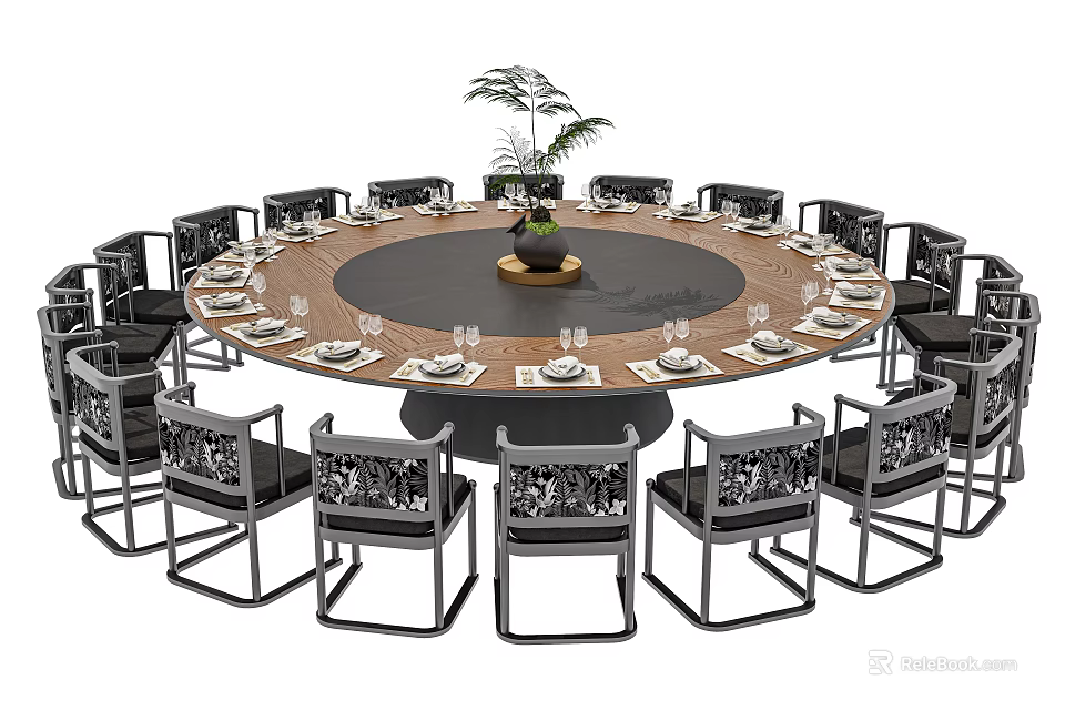 Elegant Round Dining Table Set With Multiple Chairs Tableware And Potted Plant Decoration 3d model
