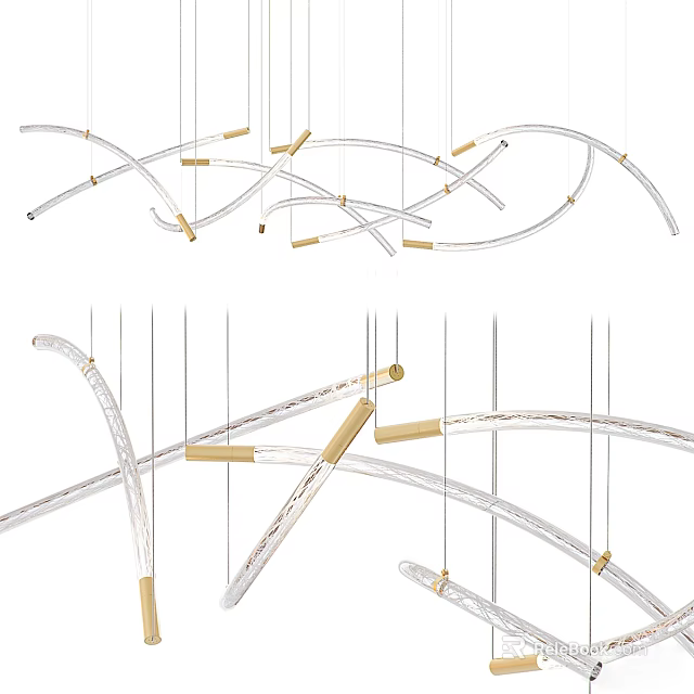 Unique Modern Curved Ceiling Lamp With Gold Accents And Metal Glass Hanging Design 3d model 