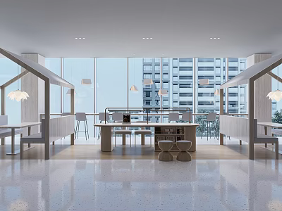 Modern Public Office Area Interior With Large Windows Tables And Open Layout 3d model