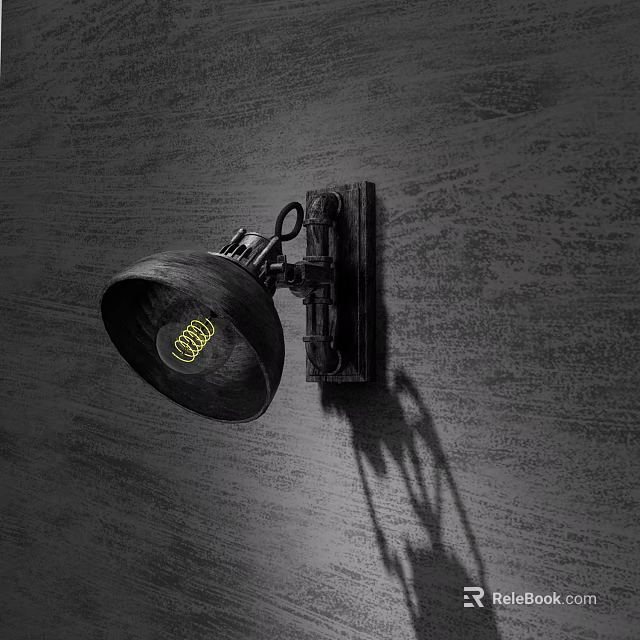 Vintage Industrial Wall Lamp With Metal Frame And Black Shade Casting Shadow On Wooden Wall 3d model 
