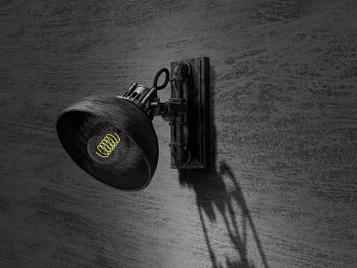 Vintage Industrial Wall Lamp With Metal Frame And Black Shade Casting Shadow On Wooden Wall 3d model