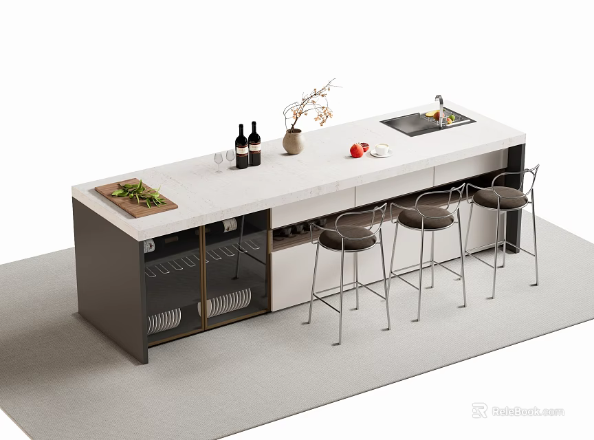 Modern Bar Counter With White Top Black Storage Cabinets Metal Bar Stools And Decorative Plant 3d model 