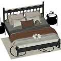 Double Bed with Black Frame Headboard Multiple Pillows Brown Throw Blanket Nightstands Light Rug 3d model