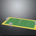 Multi Sport Court With Green Surface Yellow Border Basketball Hoops Soccer Goals And Center Net