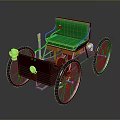 Vintage Four Wheeled Vehicle With Green Upholstered Seat Red Body And Golden Accents