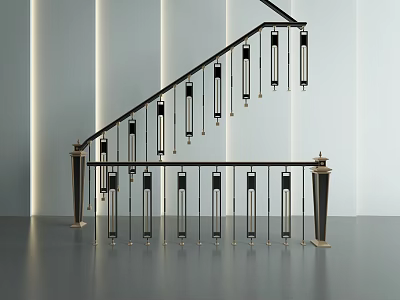 Modern Indoor Stair Railings with Sleek Metal Vertical Bars and Black Gold Accents 3d model