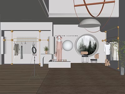 Modern Clothing Store Interior With Clothing Racks Mannequins Circular Window And Wooden Flooring 3d model