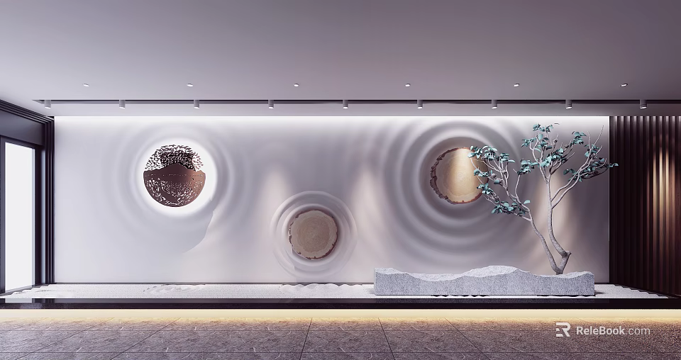 Modern Elegant Background Wall with Circular Decorations Wave Textures Small Tree Decoration and Stone Countertop 3d model 