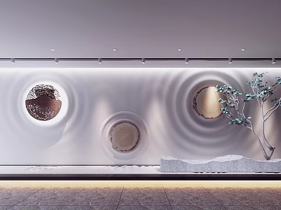 Modern Elegant Background Wall with Circular Decorations Wave Textures Small Tree Decoration and Stone Countertop 3d model