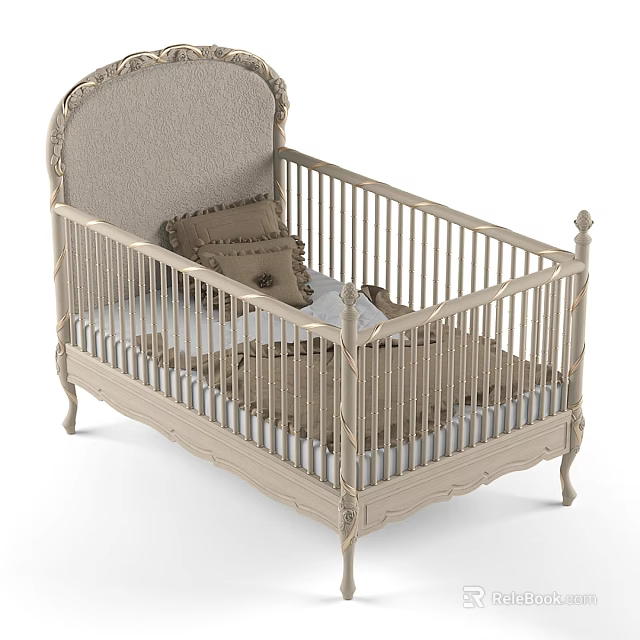 Elegant Vintage Baby Crib With Soft Headboard And Bedding 3d model 