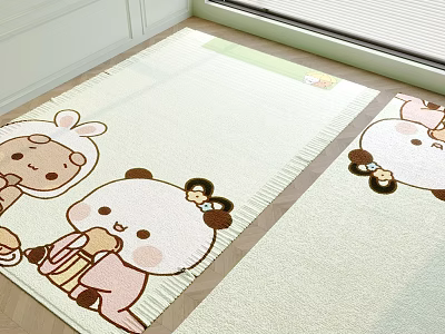 Soft Light Green Square Carpet With Cartoon Panda Rabbit Characters Fringed Edges For Indoor Kids Decor 3d model