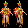 Fantasy Game Movie Characters With Vibrant Feather Floral Costumes And Winged Crown Designs