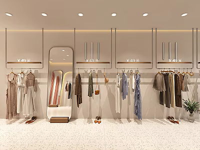 Modern Stylish Clothing Store Interior With Clothes Racks Mirror Shoes And Plants 3d model