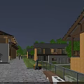 Traditional Chinese Architecture Complex At Night With Stone Paved Path And Hanging Lanterns