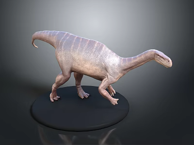 Detailed 3D Dinosaur Model With Long Neck And Striped Body Standing On Black Base 3d model