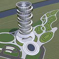 Modern Spiral Hotel Building With Glass Facade And Green Landscape Surroundings