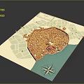 Scenic Map Landscape With Red Urban Area Green Zones Water And Directional Compass