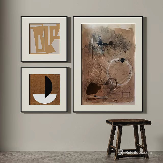 Modern Abstract Paintings With Geometric Shapes Neutral Tones Framed Wall Art And Minimalist Stool 3d model 