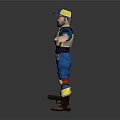3D Character In Blue Yellow Outfit With Protective Gear Cap Gun And Outstretched Arms