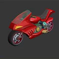 Red Futuristic Motorcycle With Shiny Body Windshield And Gold Accents
