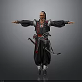 Man In Traditional Black Robe With Red Accents And Weapons Standing With Open Arms