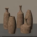 Brown Ceramic Vases With Rough Texture In Various Shapes On Gray Tabletop 3d model