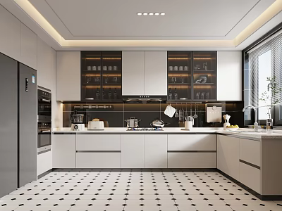 Modern Kitchen Interior With White Cabinets Refrigerator Oven And Black White Tiled Floor 3d model