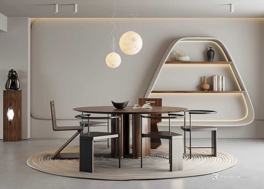 Modern Minimalist Dining Room Interior With Round Table Chairs Sphere Pendant Lights And Curved Shelves 3d model 
