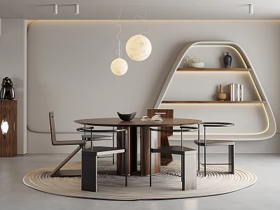 Modern Minimalist Dining Room Interior With Round Table Chairs Sphere Pendant Lights And Curved Shelves 3d model