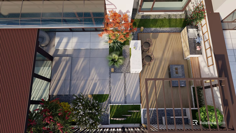 Modern Courtyard Garden Design Featuring Paved Flooring Various Plants And Outdoor Seating Area 3d model 