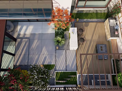 Modern Courtyard Garden Design Featuring Paved Flooring Various Plants And Outdoor Seating Area 3d model