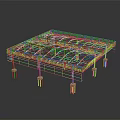 Modern Metallic Building Frame Structure With Grid Roof And Support Pillars