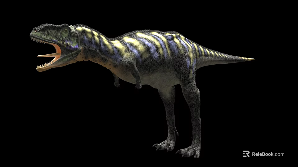 Striped Blue And Yellow Reptile Dinosaur With Open Mouth Standing On Black Background 3d model 