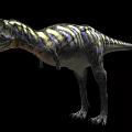 Striped Blue And Yellow Reptile Dinosaur With Open Mouth Standing On Black Background