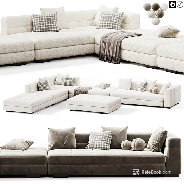 Beige Fabric Double Sofa With Checkered Pillows Cozy Throw Blanket And Ottoman 3d model 