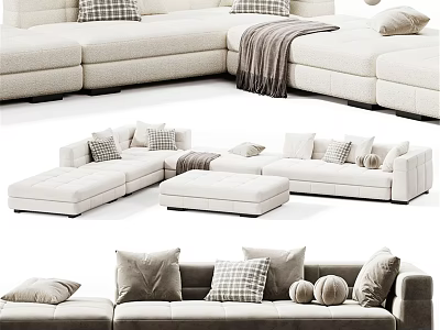 Beige Fabric Double Sofa With Checkered Pillows Cozy Throw Blanket And Ottoman 3d model