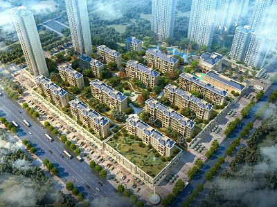Aerial View Planning of Residential Complex Featuring Mid High Rise Buildings Green Spaces and Roads 3d model