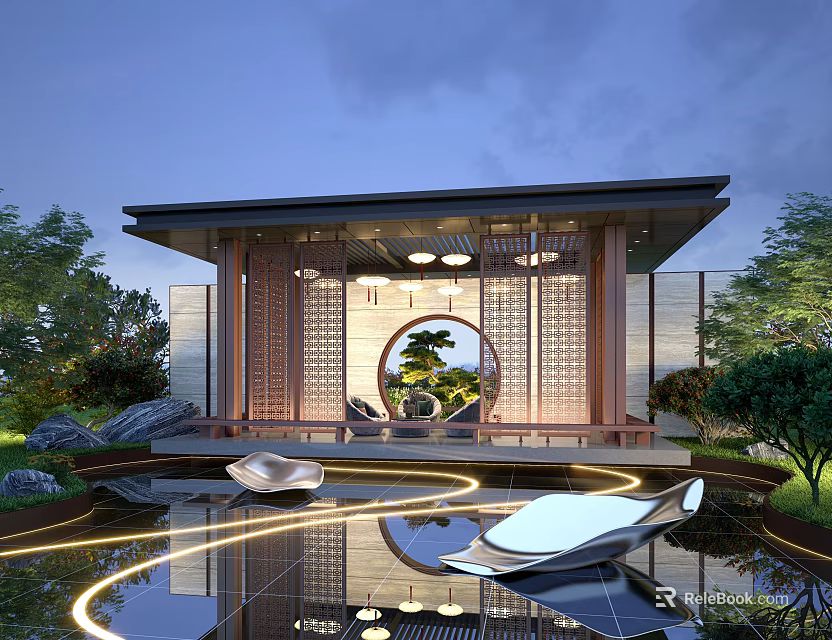 Modern Courtyard Garden With Pavilion Circular Arch Water Pond And White Lounge Chairs 3d model 