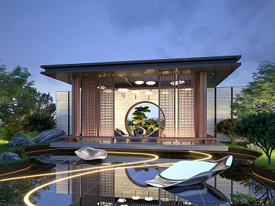 Modern Courtyard Garden With Pavilion Circular Arch Water Pond And White Lounge Chairs 3d model