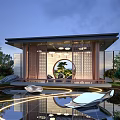 Modern Courtyard Garden With Pavilion Circular Arch Water Pond And White Lounge Chairs