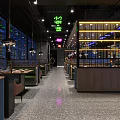 Modern Restaurant Interior With Neon Lights Colorful Seats And Art Sculptures Design
