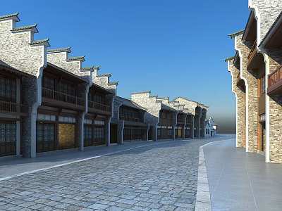 Traditional Commercial Street With Ancient Architecture Stone Paved Road And Eaves Roofs 3d model