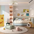 Playful Kids Room Interior With Soft Bed Cloud Decor And Colorful Toy Storage