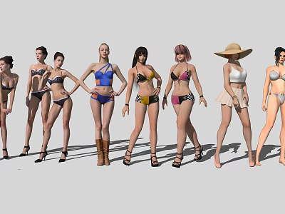 Group of Women in Fashionable Bikini Swimwear Posing Together with Different Styles 3d model