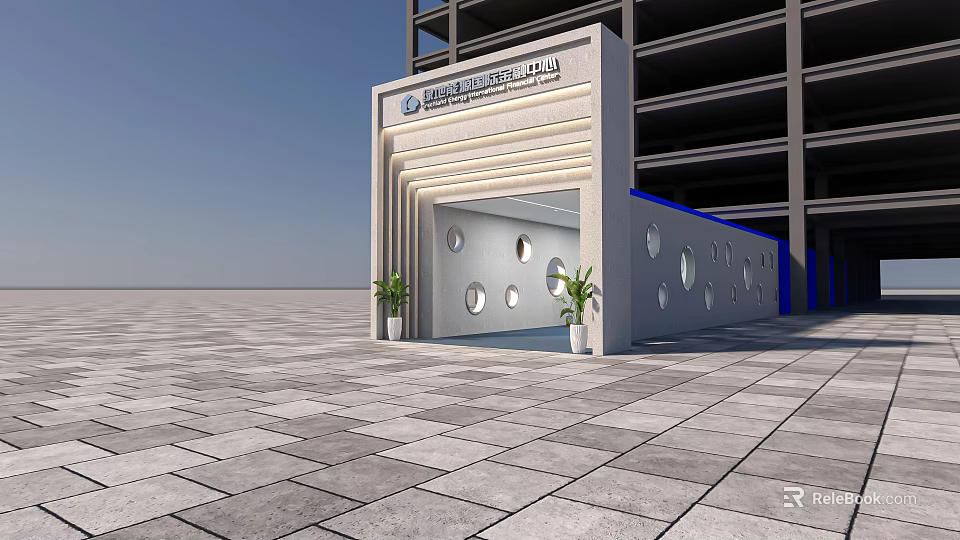 Modern Elevator Hallway With White Structure Circular Cutouts Green Plants And Gray Stone Tile Floor 3d model 
